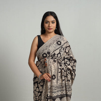 Black - Kalamkari Print Cotton Saree with Blouse 14
