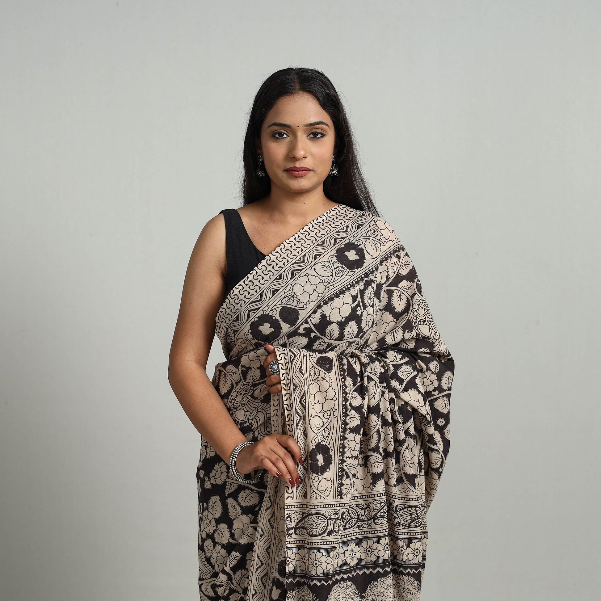Black - Kalamkari Print Cotton Saree with Blouse 14