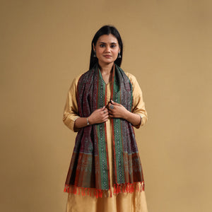 Brown - Handloom Mulberry Silk Pochampally Ikat Stole 12