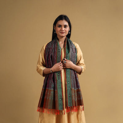 Brown - Handloom Mulberry Silk Pochampally Ikat Stole 12
