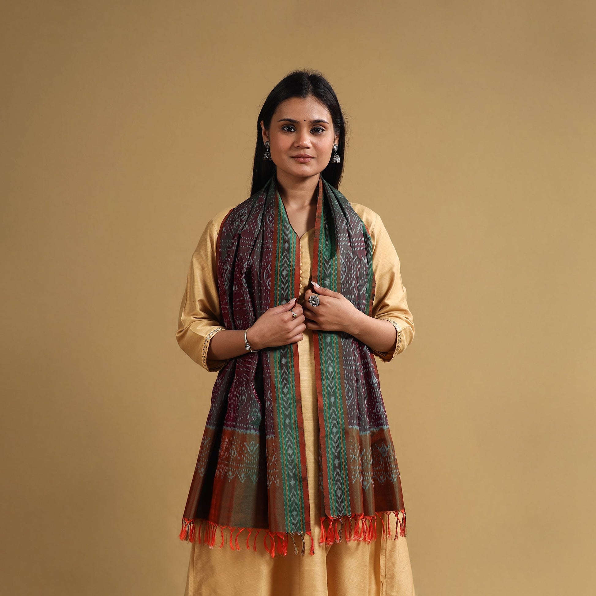 Brown - Handloom Mulberry Silk Pochampally Ikat Stole 12