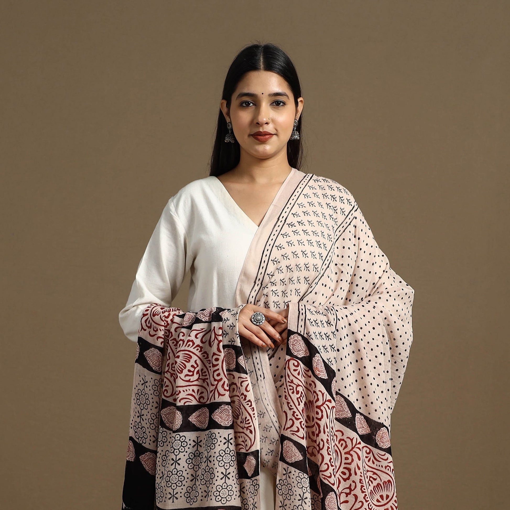 Beige - Block Print Mul Cotton Bagru Dupatta 03