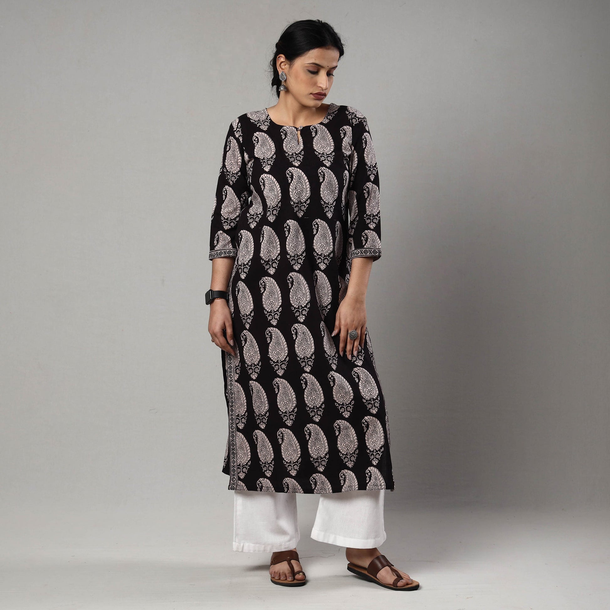 Black & White - Block Print Cotton Straight Bagh Kurta
