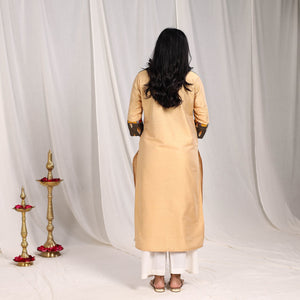 Beige - Ruhi Slub Silk Straight Plain Kurta with Patchwork