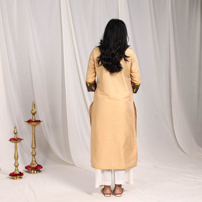 Beige - Ruhi Slub Silk Straight Plain Kurta with Patchwork
