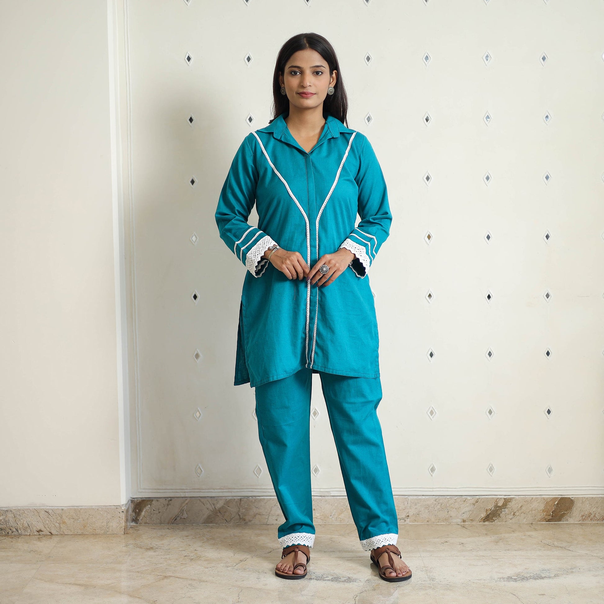 Blue - Flex Cotton Plain Co-Ord Set With Lace Work 04