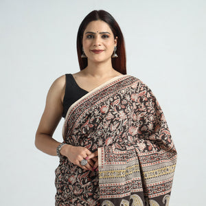 Black - Pedana Block Print Cotton Kalamkari Saree 01