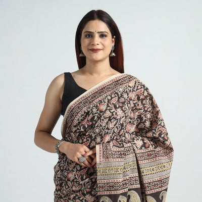 Black - Pedana Block Print Cotton Kalamkari Saree 01