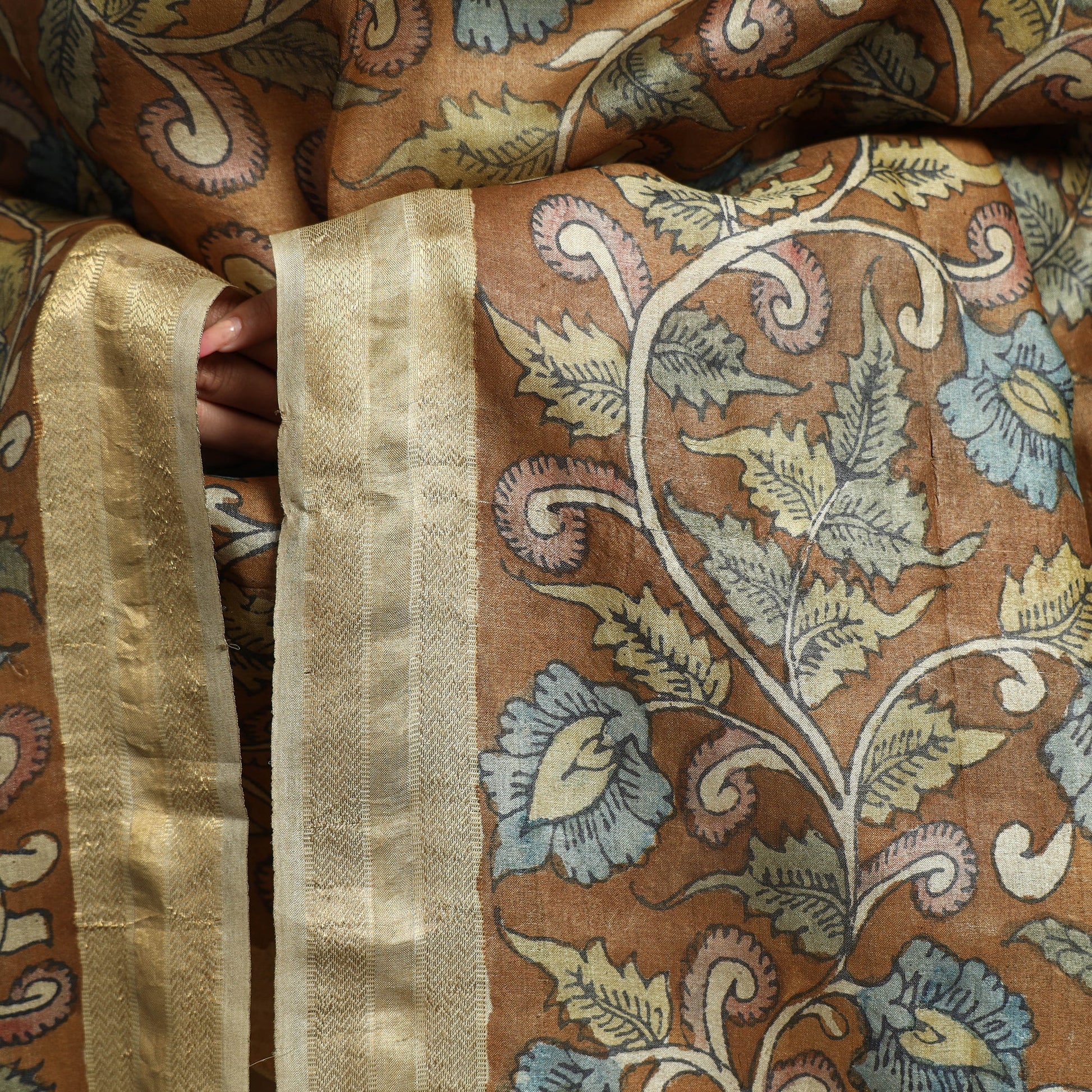 Brown - Pure Tussar Silk Pen Work Srikalahasti Kalamkari Dupatta with Dobby Border