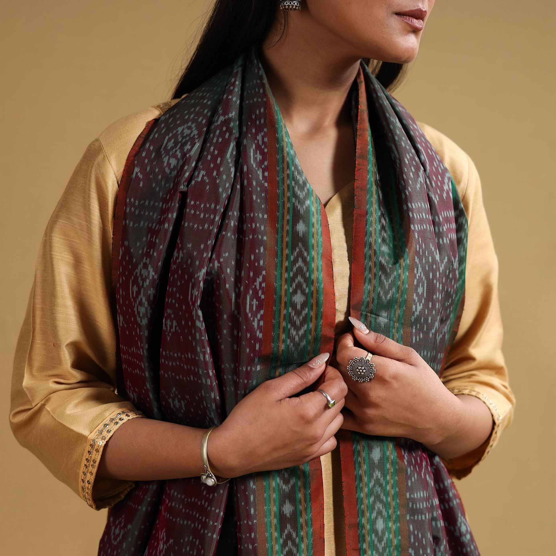 Brown - Handloom Mulberry Silk Pochampally Ikat Stole 12