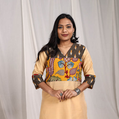 Beige - Ruhi Slub Silk Straight Plain Kurta with Patchwork