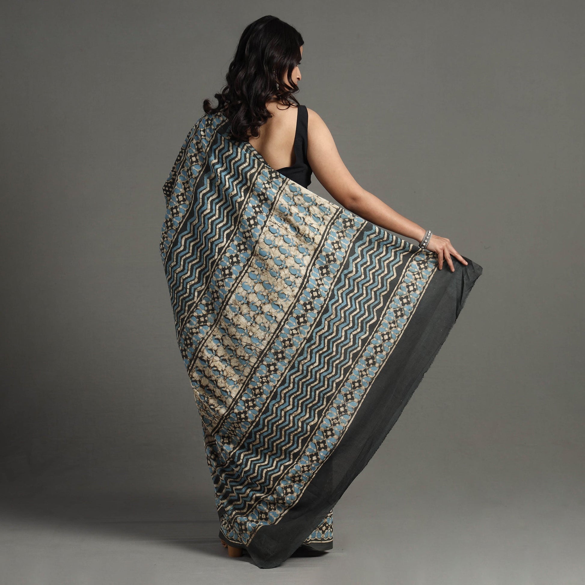 Brown - Pipad Hand Block Printed Cotton Saree