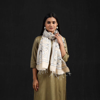 Beige - Handloom Desi Tussar Bengal Nakshi Kantha Work Stole 55
