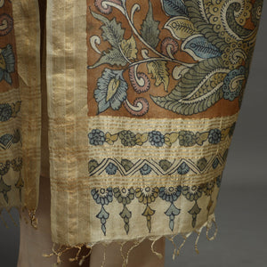 Brown - Pure Tussar Silk Pen Work Srikalahasti Kalamkari Dupatta with Dobby Border