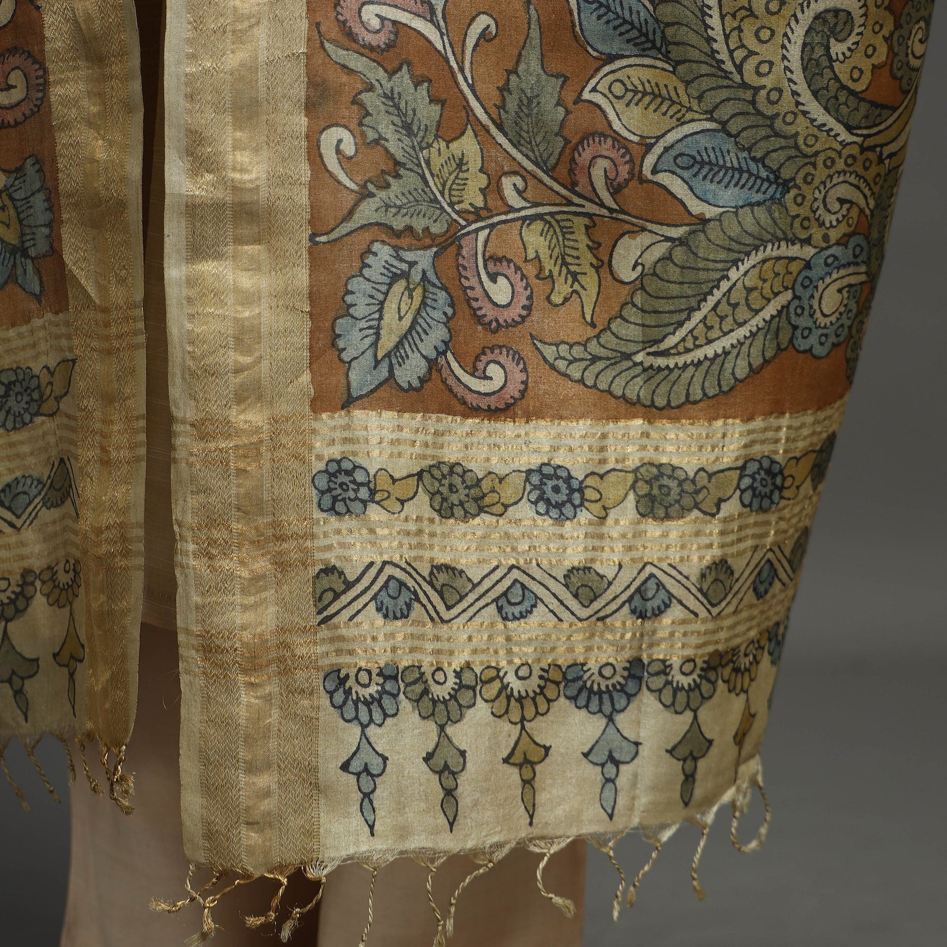 Brown - Pure Tussar Silk Pen Work Srikalahasti Kalamkari Dupatta with Dobby Border