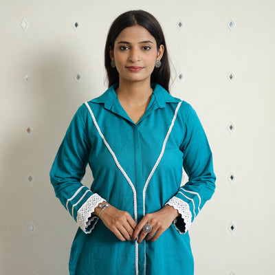 Blue - Flex Cotton Plain Co-Ord Set With Lace Work 04