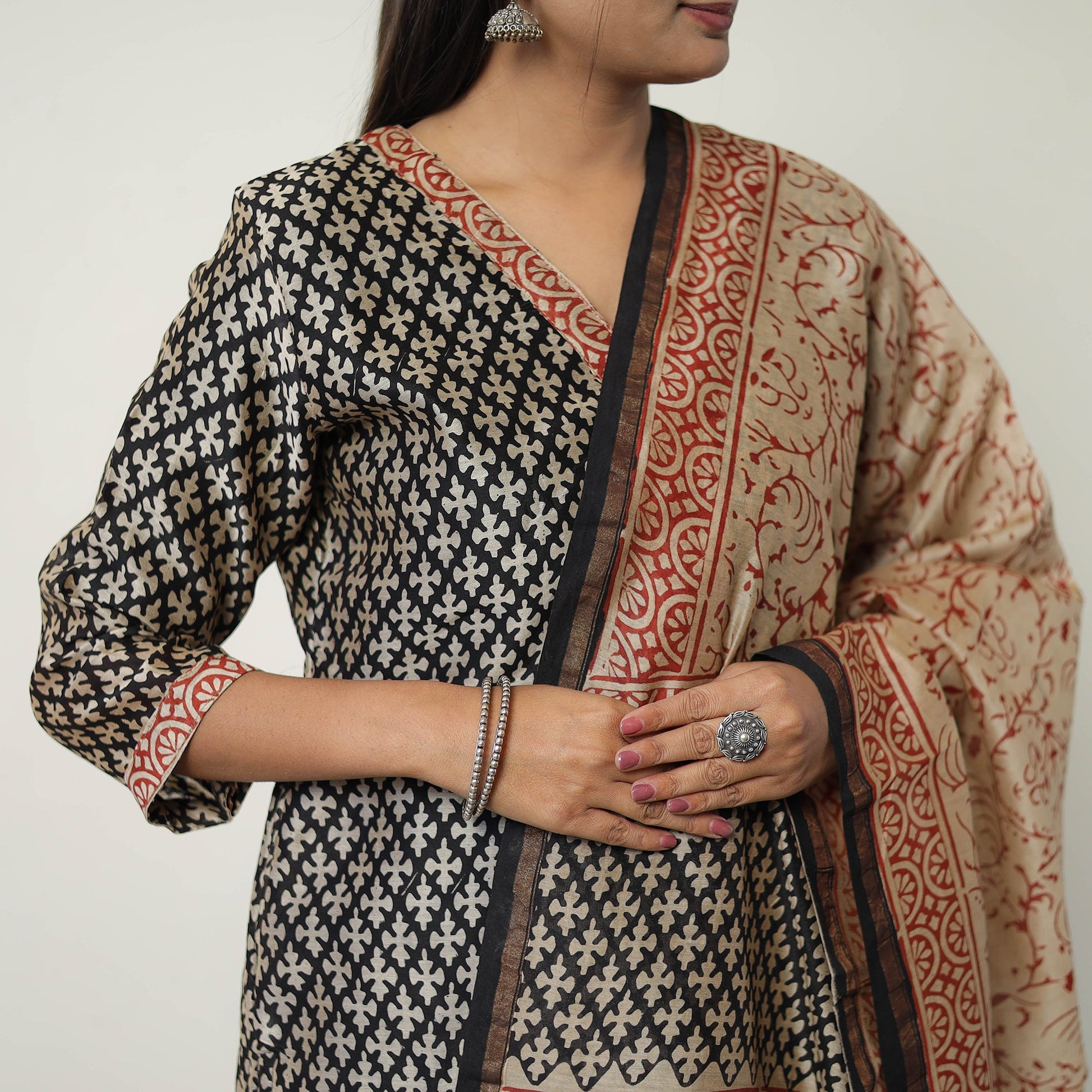 Black - Chanderi Silk Hand Block Bagru Print Kurta Set 01