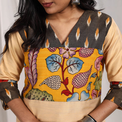 Beige - Ruhi Slub Silk Straight Plain Kurta with Patchwork
