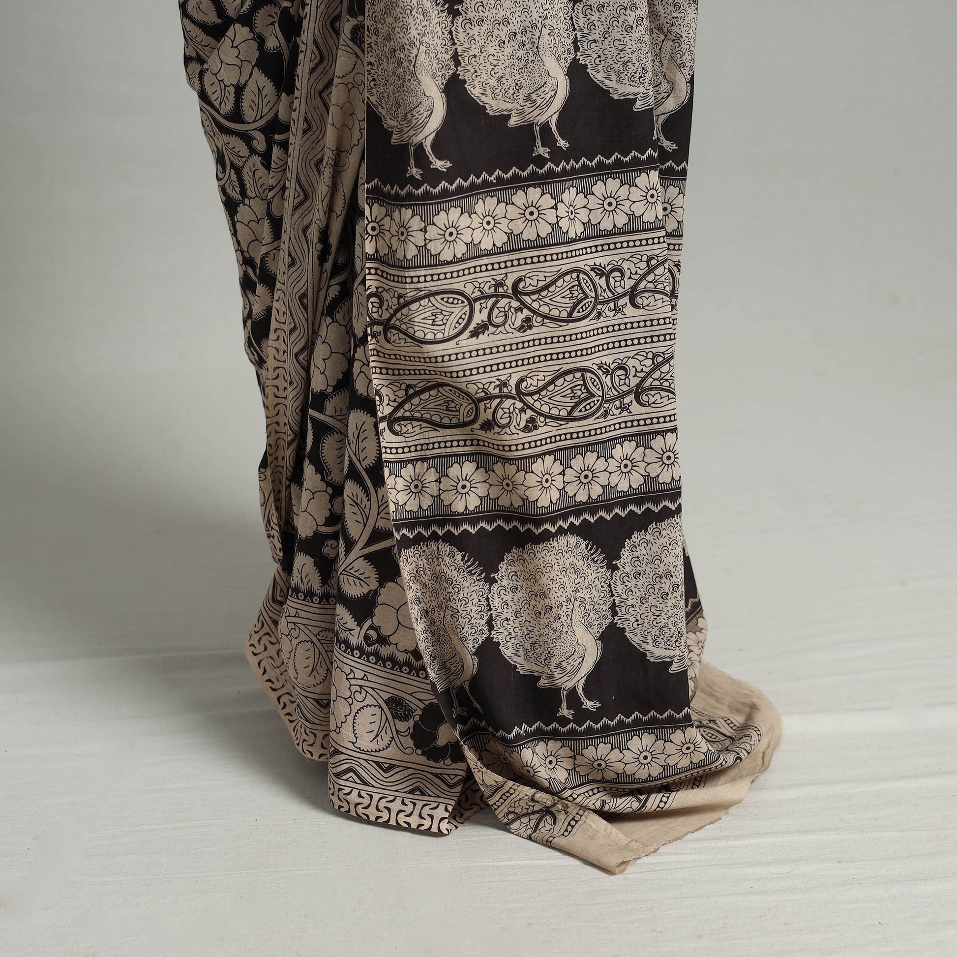 Black - Kalamkari Print Cotton Saree with Blouse 14