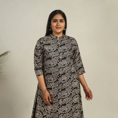 Black - Printed Cotton A-Line Kalamkari Kurta 10
