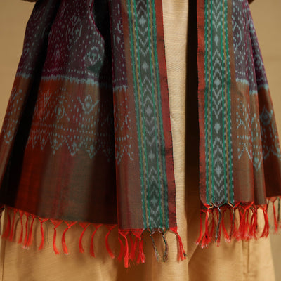 Brown - Handloom Mulberry Silk Pochampally Ikat Stole 12