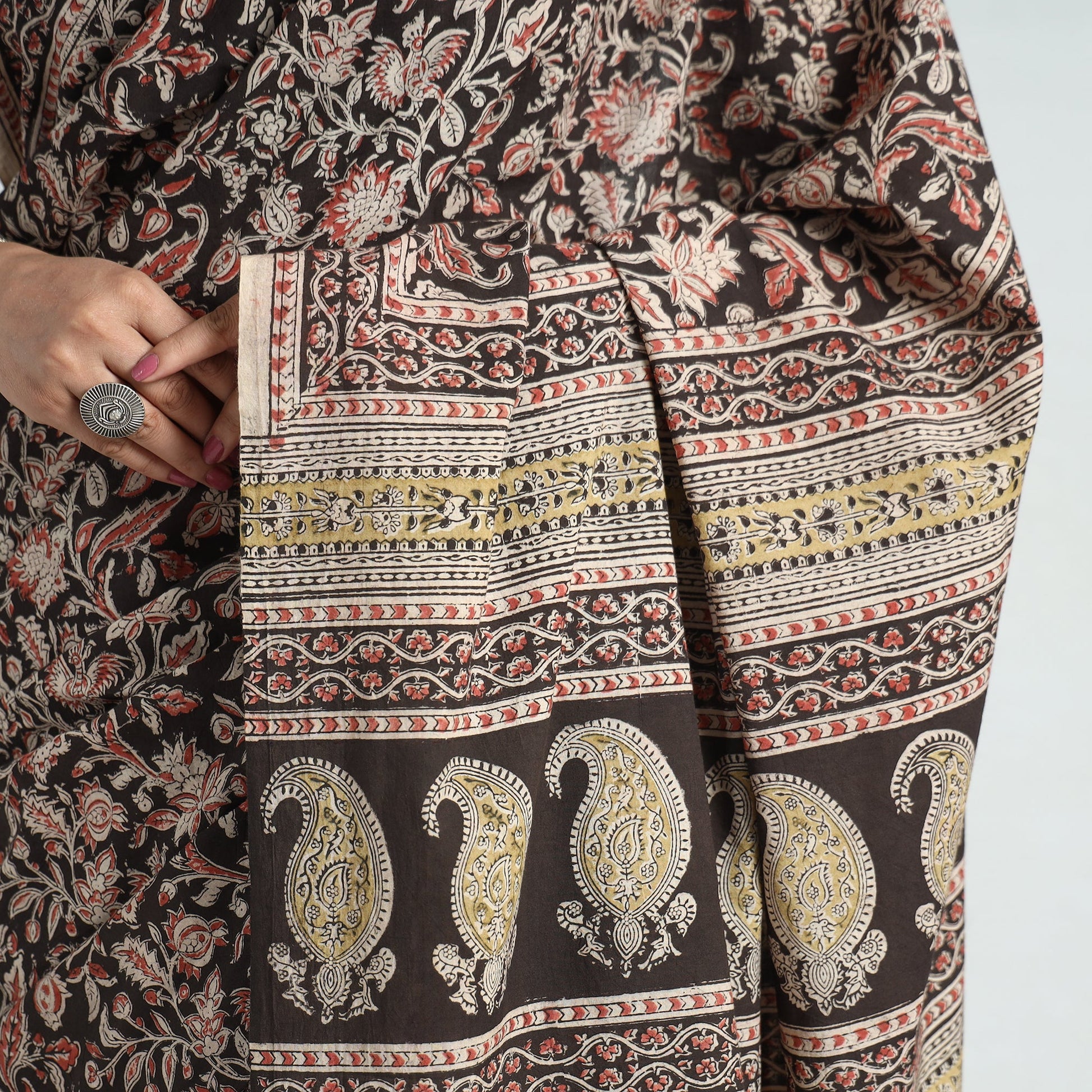 Black - Pedana Block Print Cotton Kalamkari Saree 01