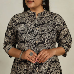 Black - Printed Cotton A-Line Kalamkari Kurta 10