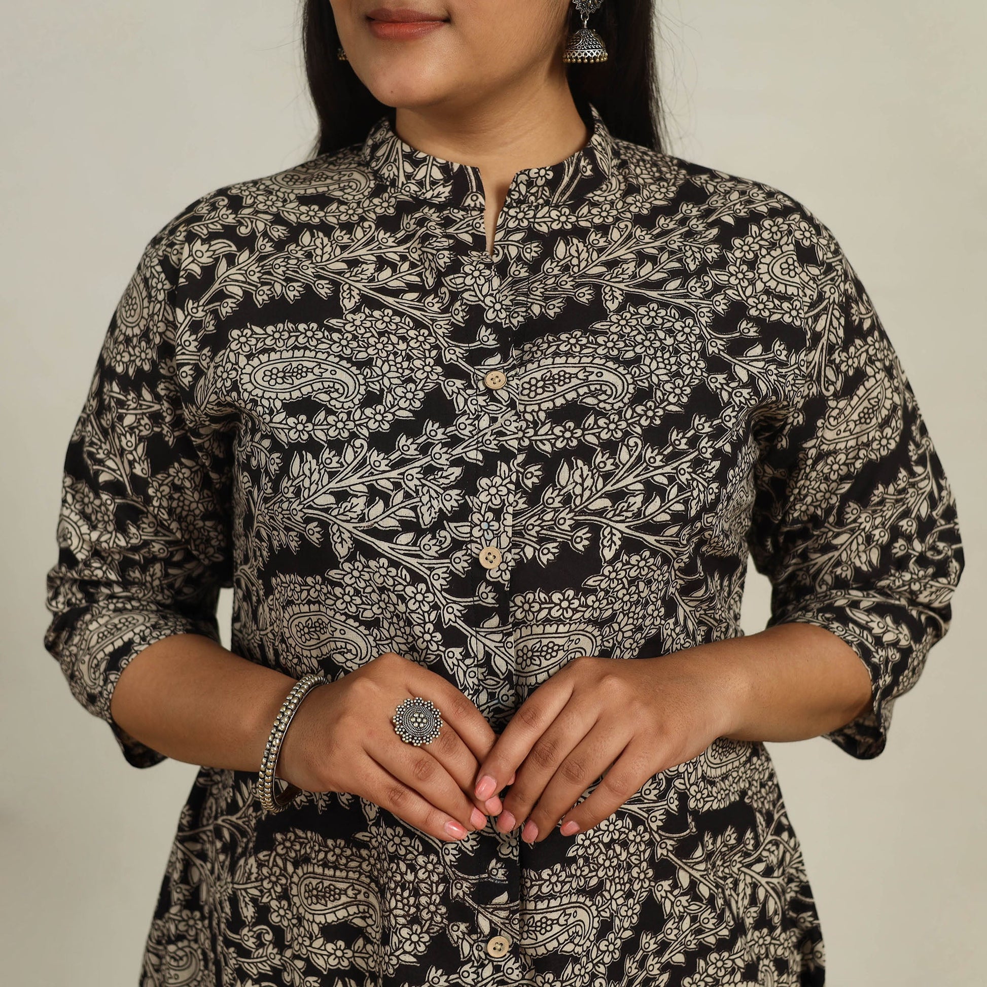 Black - Printed Cotton A-Line Kalamkari Kurta 10