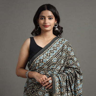 Brown - Pipad Hand Block Printed Cotton Saree