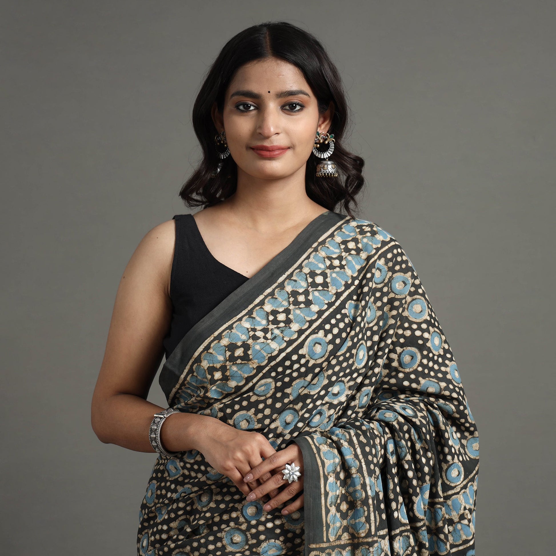 Brown - Pipad Hand Block Printed Cotton Saree
