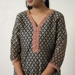 Black - Chanderi Silk Hand Block Bagru Print Kurta Set 01