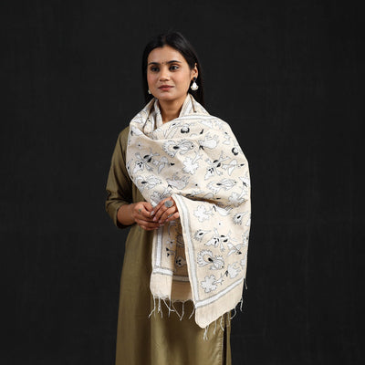 Beige - Handloom Desi Tussar Bengal Nakshi Kantha Work Stole 55