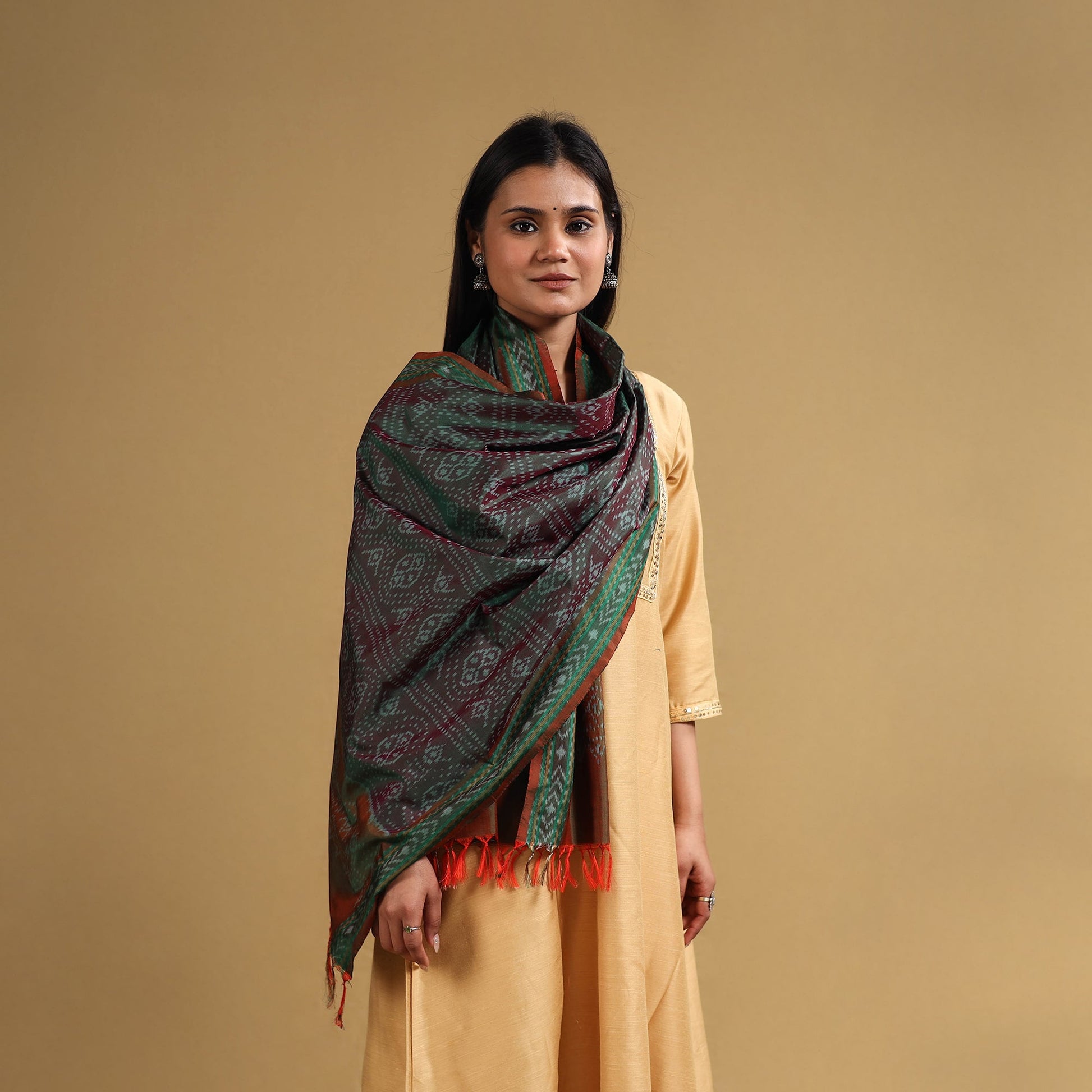 Brown - Handloom Mulberry Silk Pochampally Ikat Stole 12