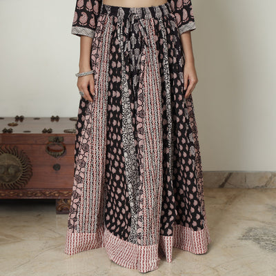 Black - Bagh Block Printed Patchwork Cotton Long Skirt