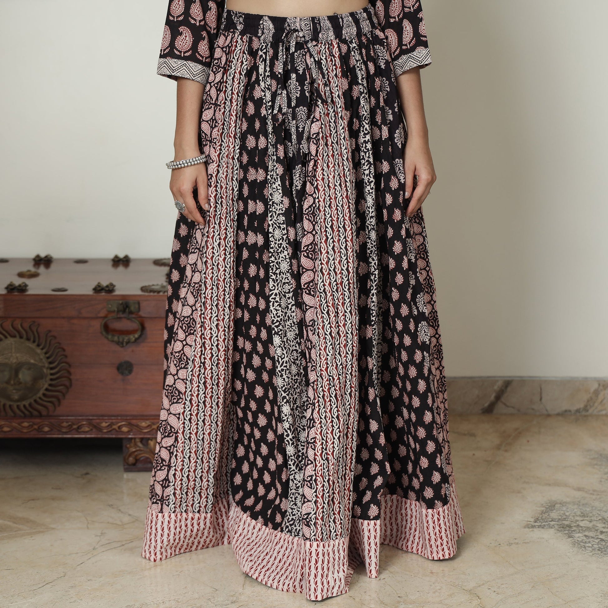 Black - Bagh Block Printed Patchwork Cotton Long Skirt