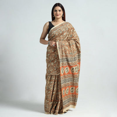 Brown - Pedana Block Print Cotton Kalamkari Saree 02