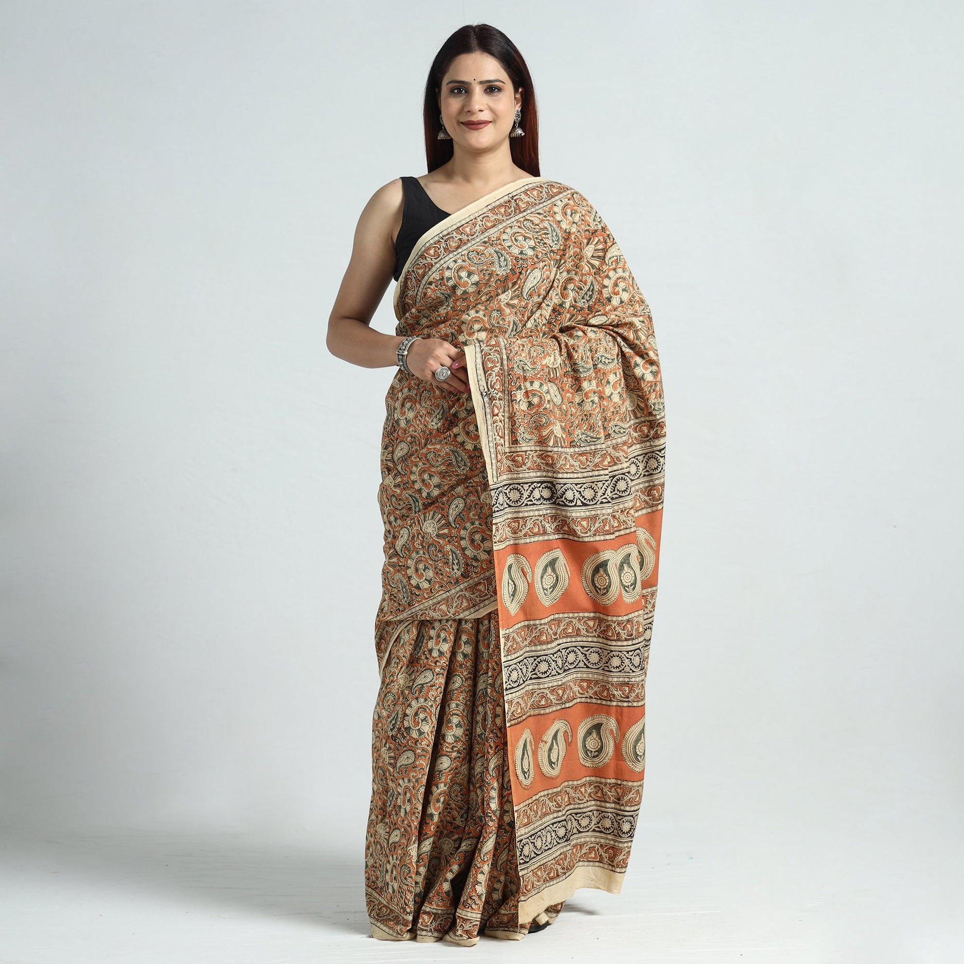 Brown - Pedana Block Print Cotton Kalamkari Saree 02