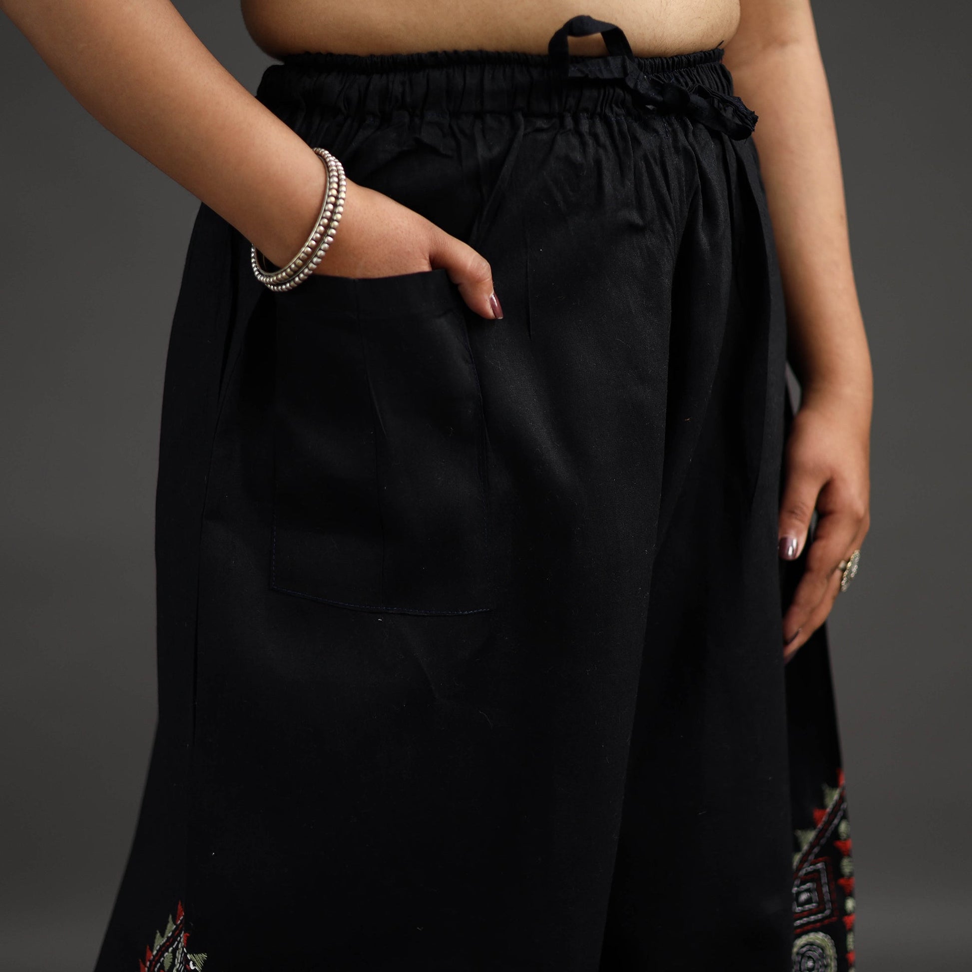 Black - Kantha Hand Embroidery Palazzo in Cotton 40