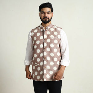 Brown - Pochampally Double Ikat Handloom Cotton Men Nehru Jacket 05