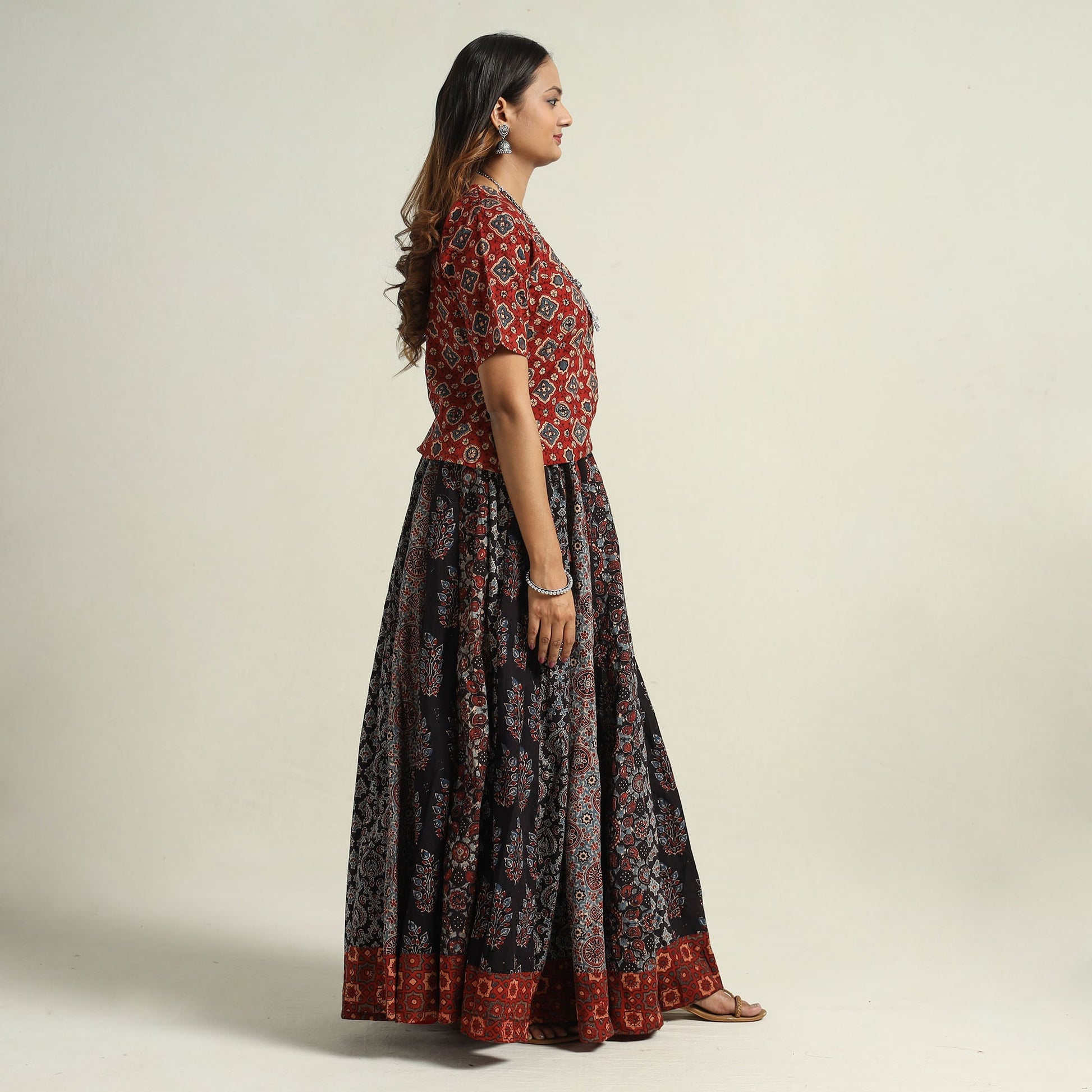 Black - Ajrakh Block Printed 24 Kali Patchwork Cotton Long Skirt 04