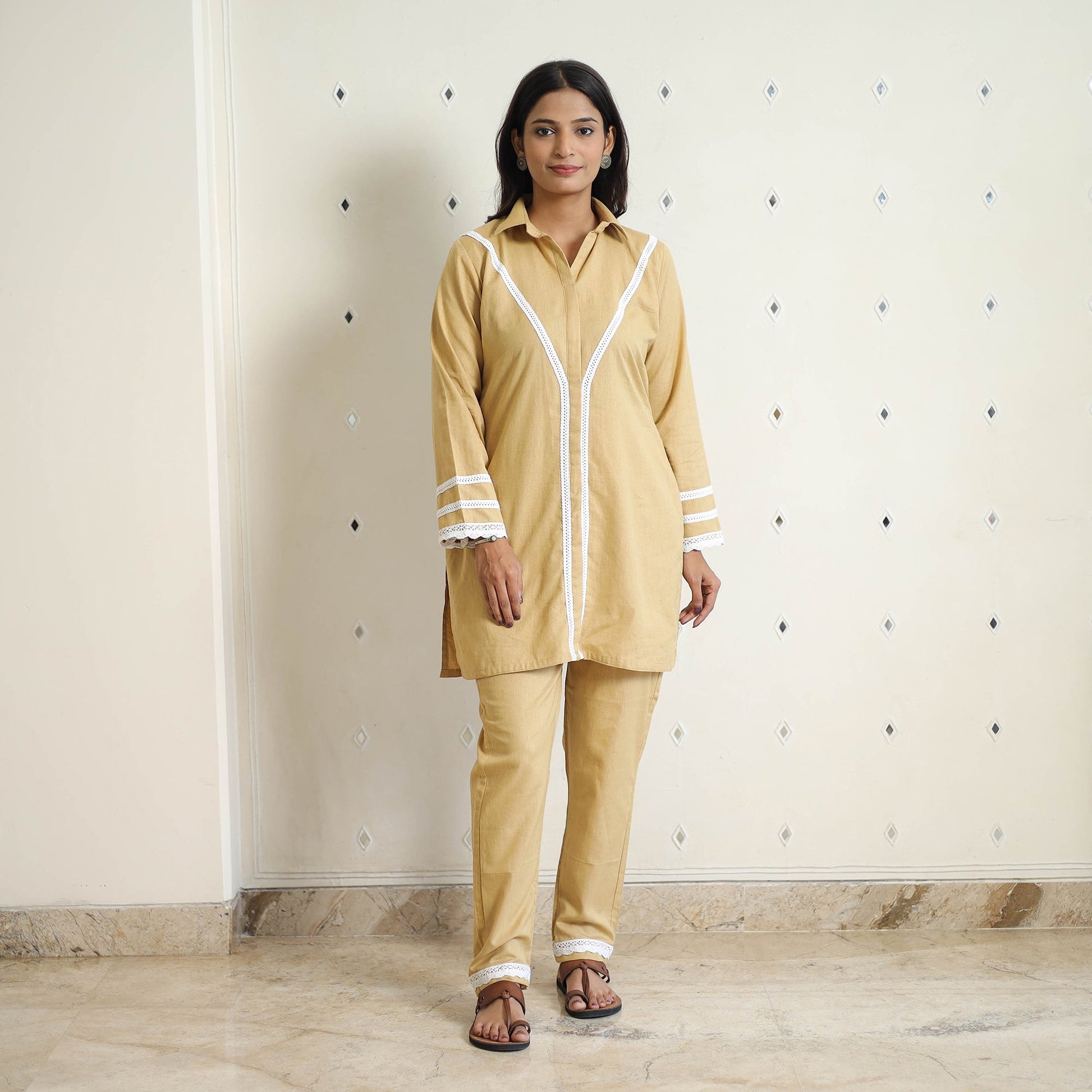 Brown - Flex Cotton Plain Co-Ord Set With Lace Work 02