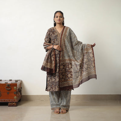 Brown - Chanderi Silk Hand Block Bagru Print Kurta Set 02