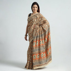 Brown - Pedana Block Print Cotton Kalamkari Saree 02