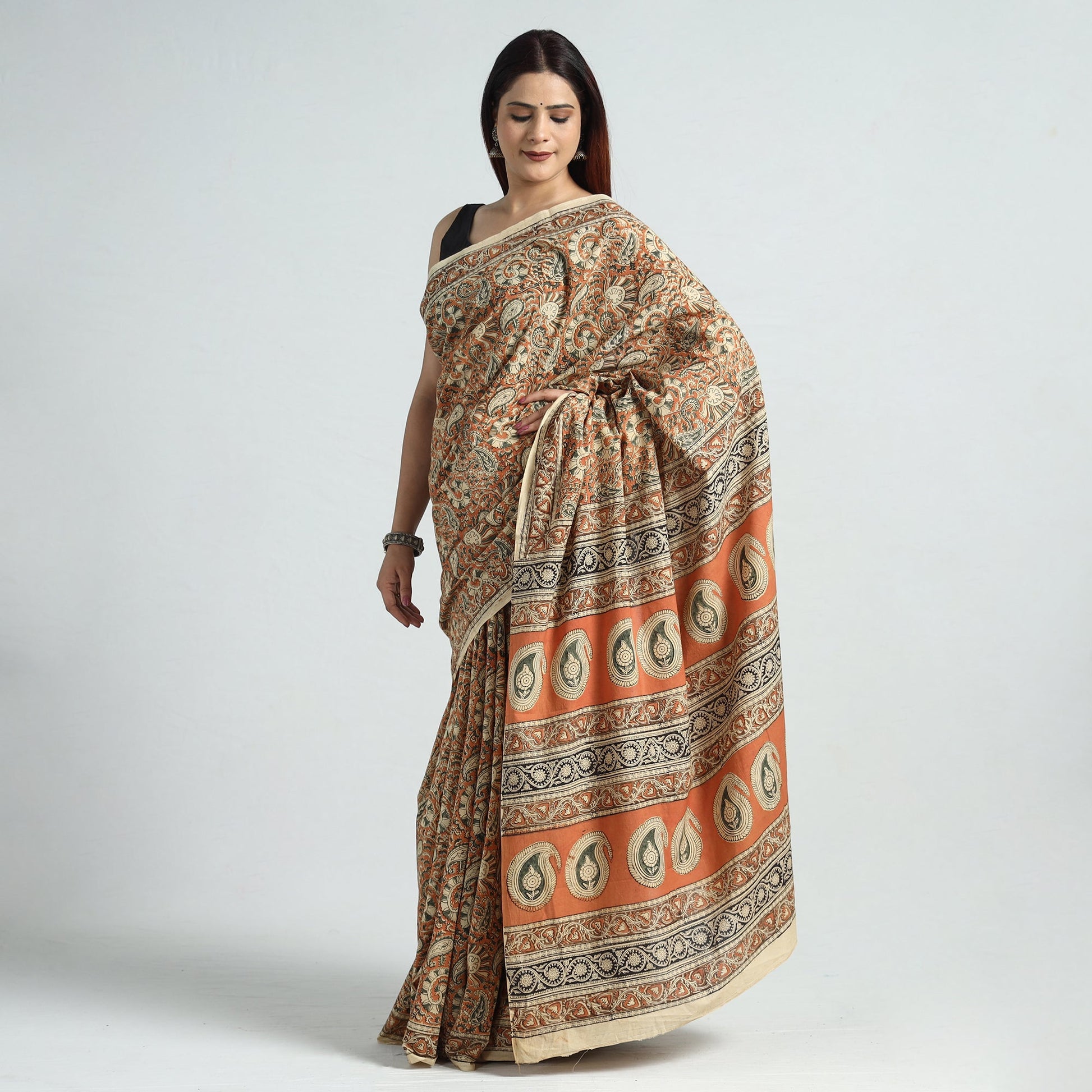 Brown - Pedana Block Print Cotton Kalamkari Saree 02