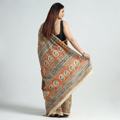 Brown - Pedana Block Print Cotton Kalamkari Saree 02