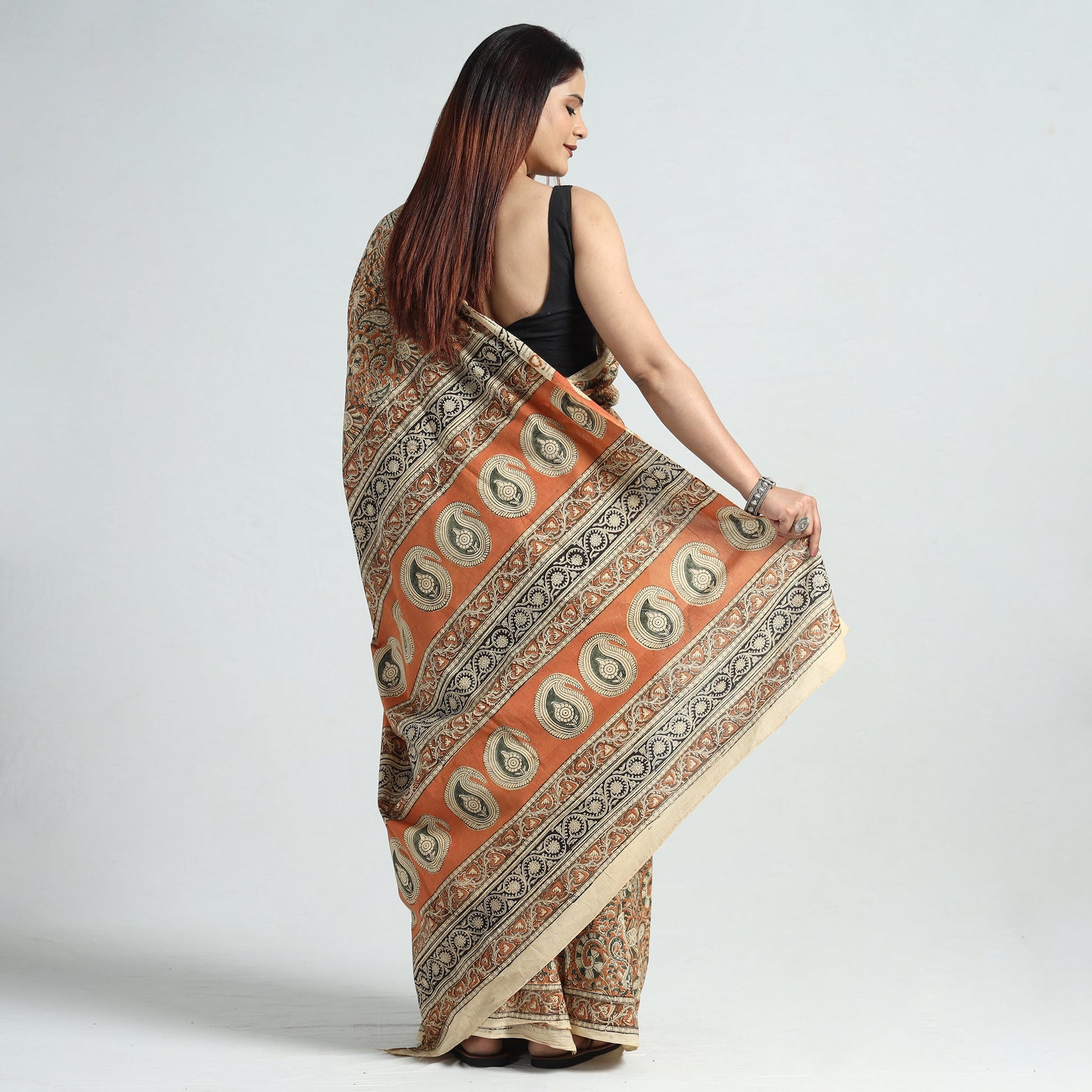 Brown - Pedana Block Print Cotton Kalamkari Saree 02