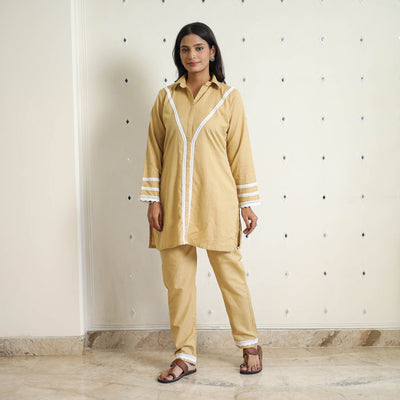 Brown - Flex Cotton Plain Co-Ord Set With Lace Work 02