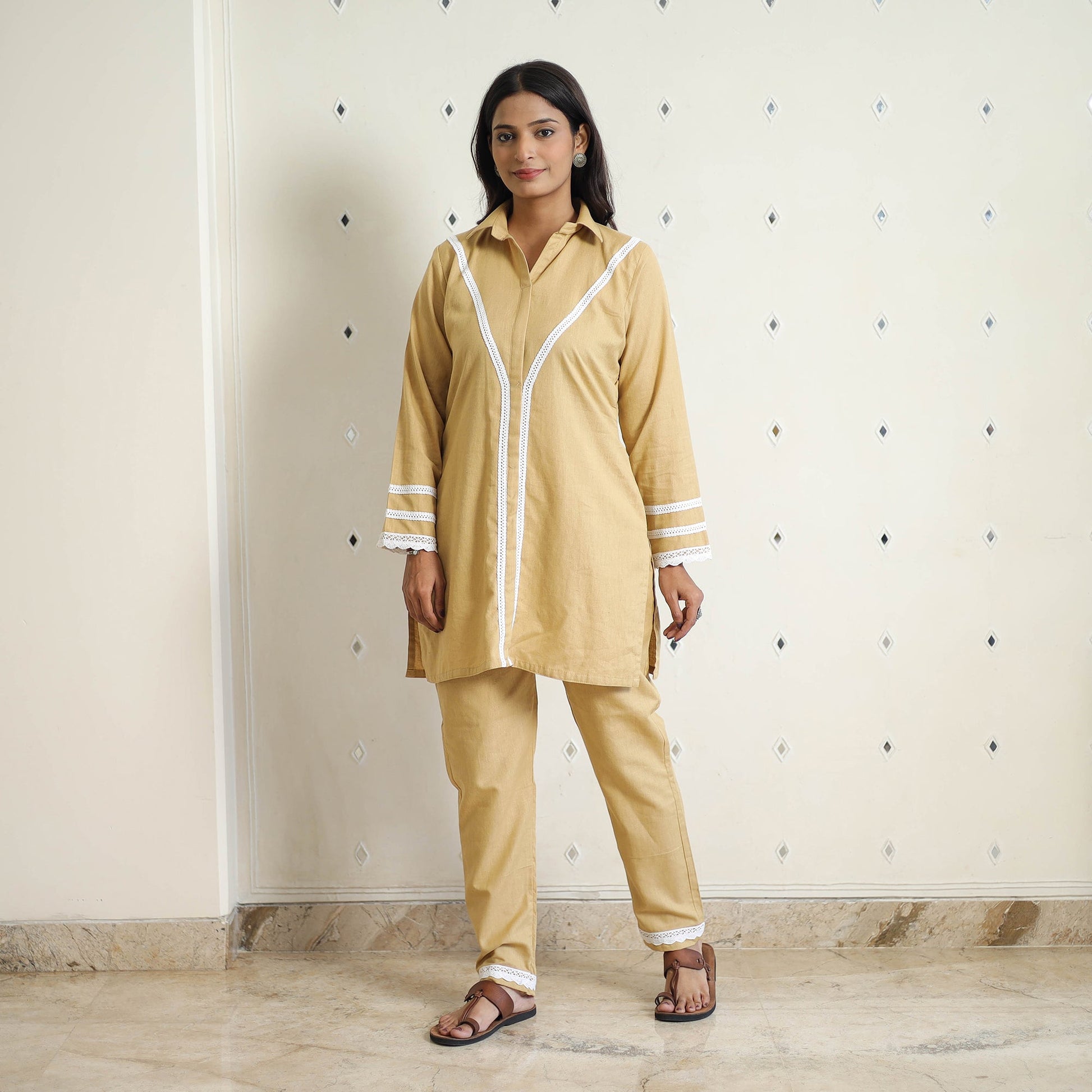 Brown - Flex Cotton Plain Co-Ord Set With Lace Work 02