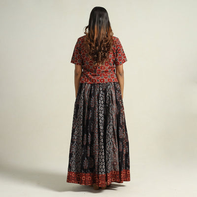 Black - Ajrakh Block Printed 24 Kali Patchwork Cotton Long Skirt 04
