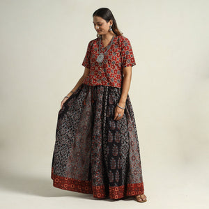 Black - Ajrakh Block Printed 24 Kali Patchwork Cotton Long Skirt 04